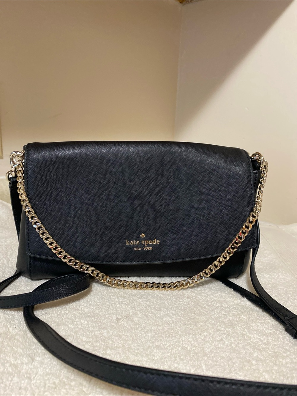 kate spade Black Saffiano Leather Crossbody with Gold Chain